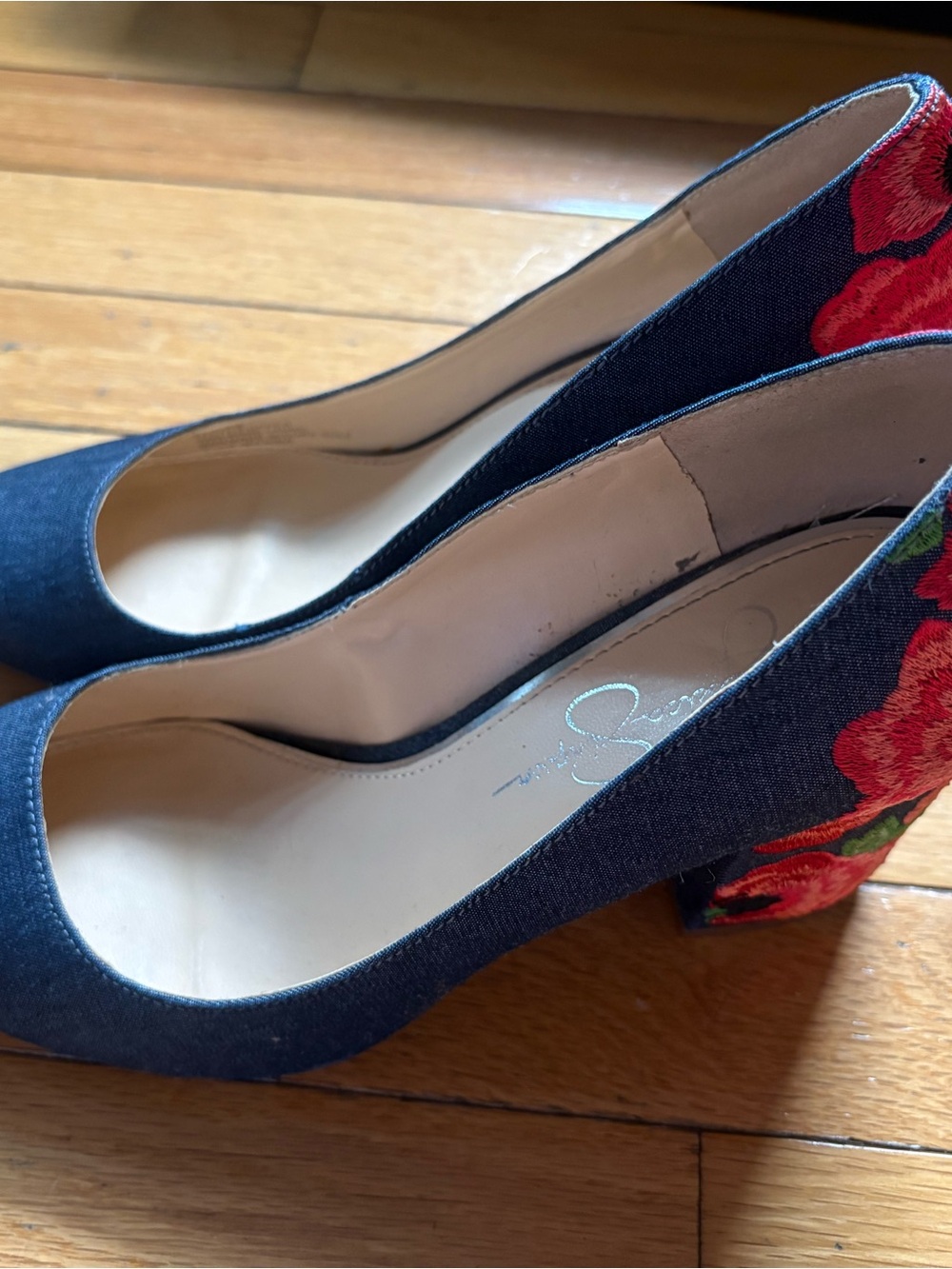 Jessica Simpson Denim Pumps with Red Floral Embroidered Block Heel